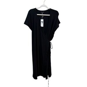 NEW‎ Eileen Fisher Jersey Wrap Dress in Black Size L Midi Short Sleeve Lagenlook